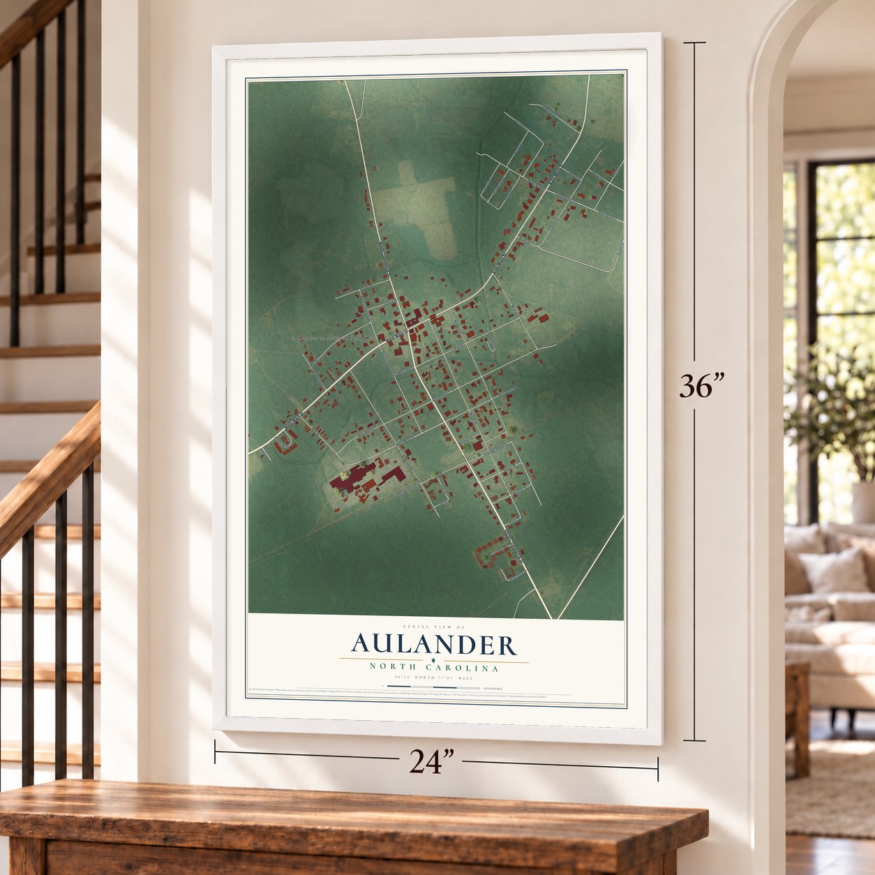 Aulander, North Carolina map, 24 x 36 inch print in a white frame by a staircase