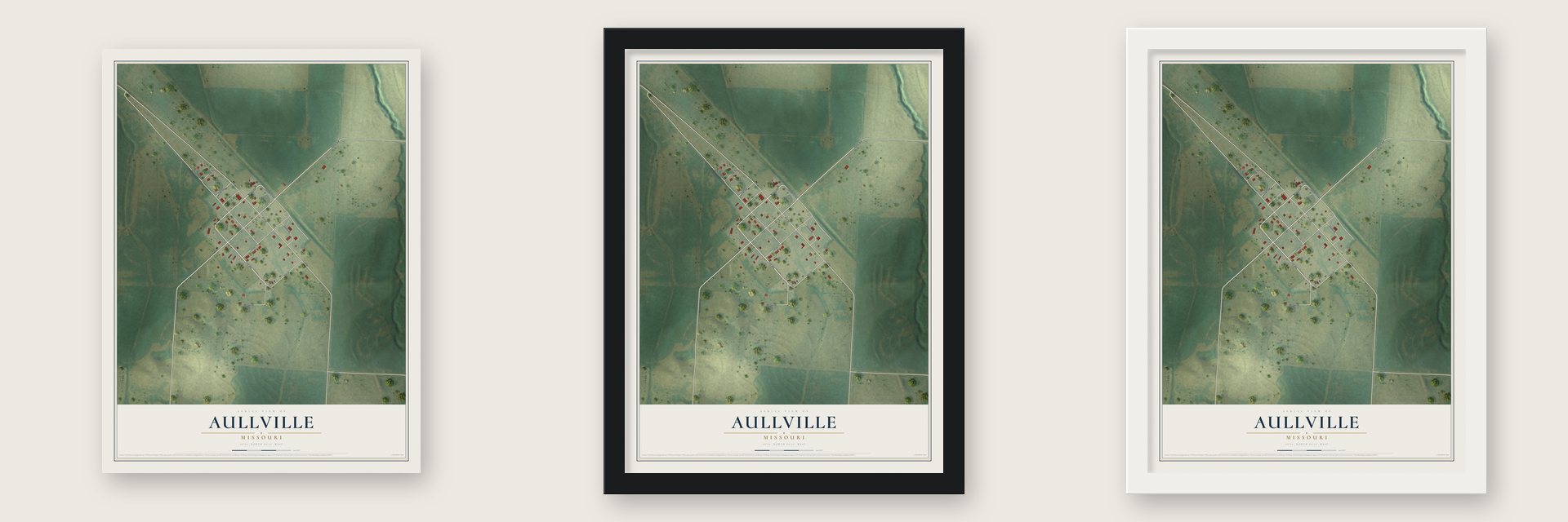 Aullville, Missouri map unframed, in a black wood frame and in a white wood frame