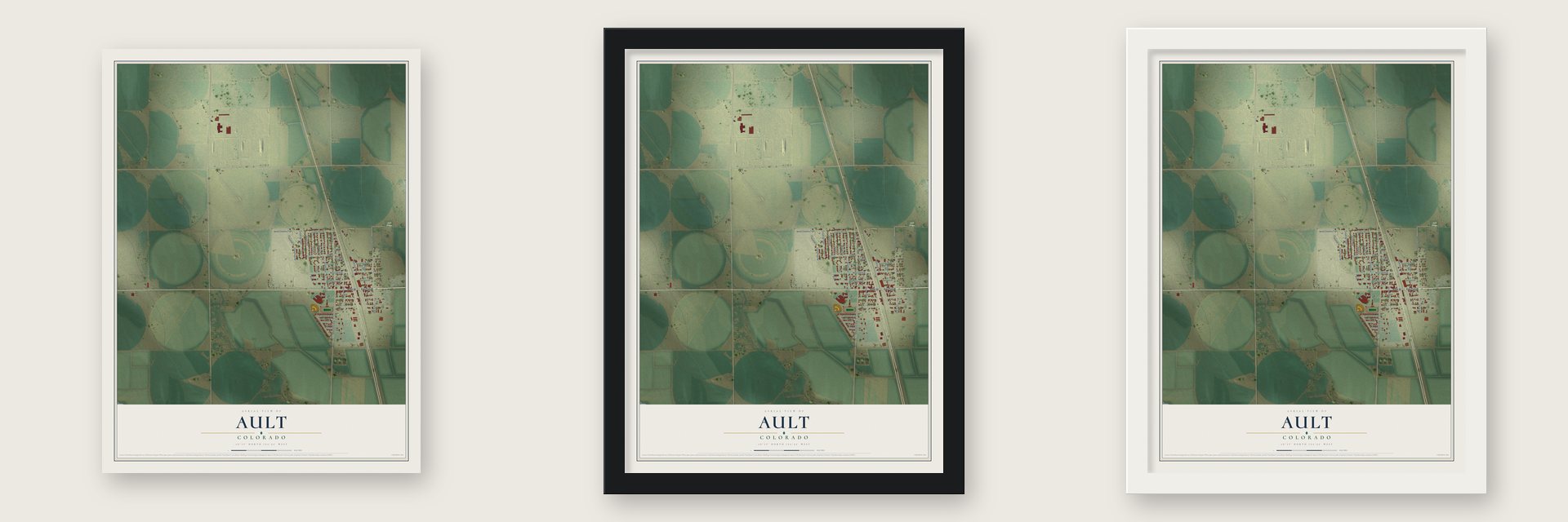 Ault, Colorado map unframed, in a black wood frame and in a white wood frame