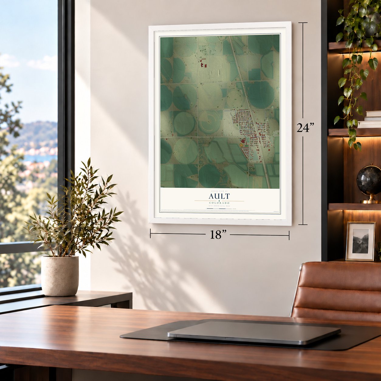 Ault, Colorado map, 18 x 24 inch print in a white frame in a home office