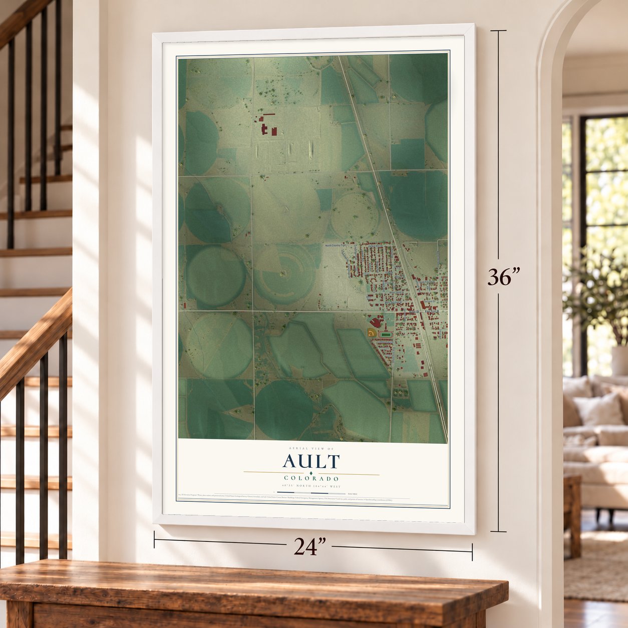 Ault, Colorado map, 24 x 36 inch print in a white frame by a staircase