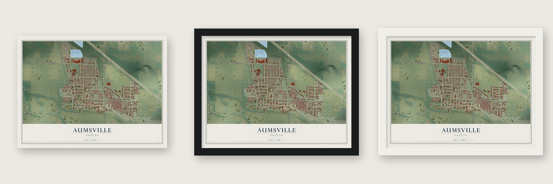 Aumsville, Oregon map unframed, in a black wood frame and in a white wood frame