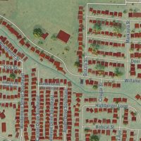 Second close-up of the map of Aumsville, Oregon print showing more streets and buildings