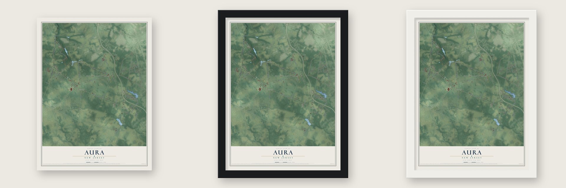 Aura, New Jersey map unframed, in a black wood frame and in a white wood frame