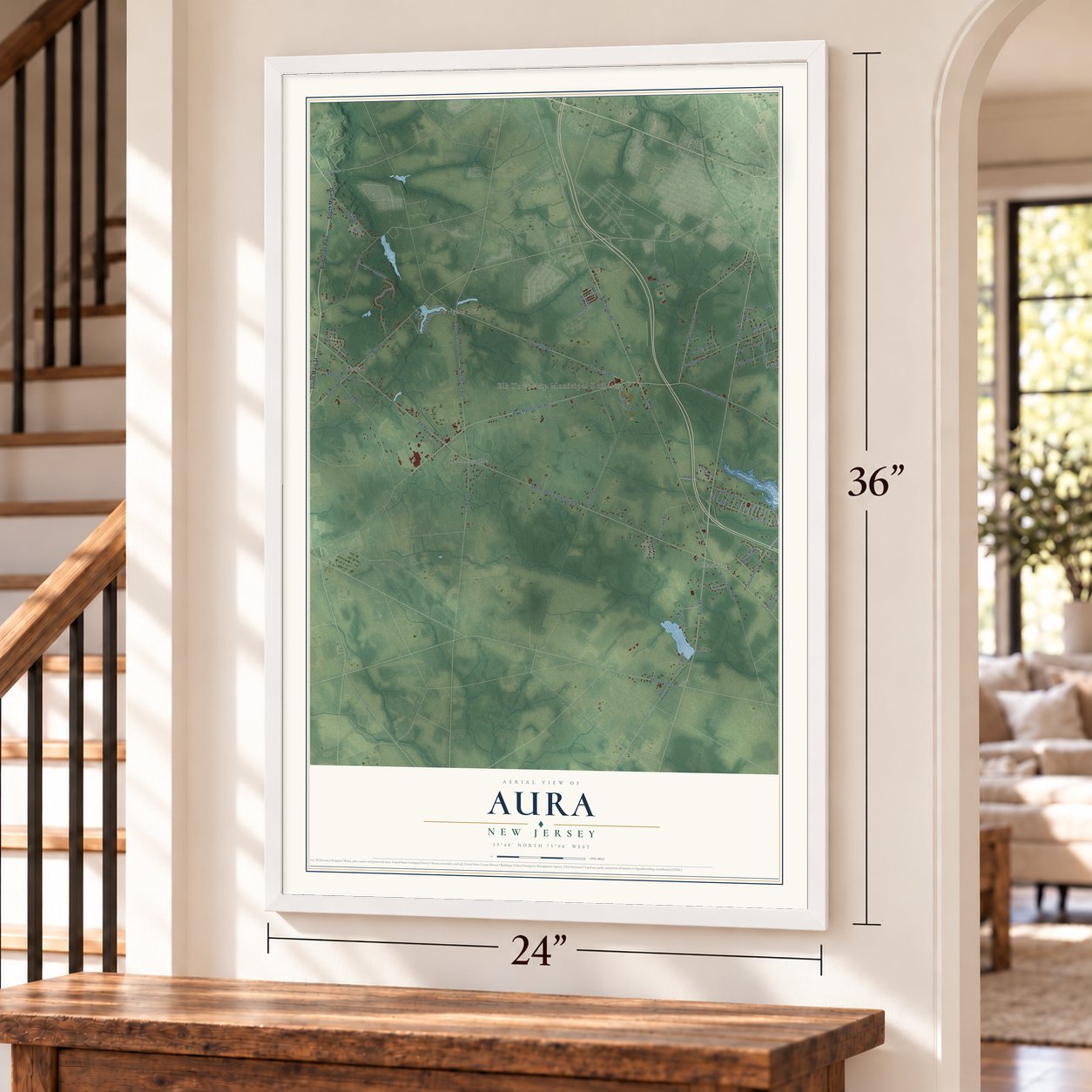 Aura, New Jersey map, 24 x 36 inch print in a white frame by a staircase