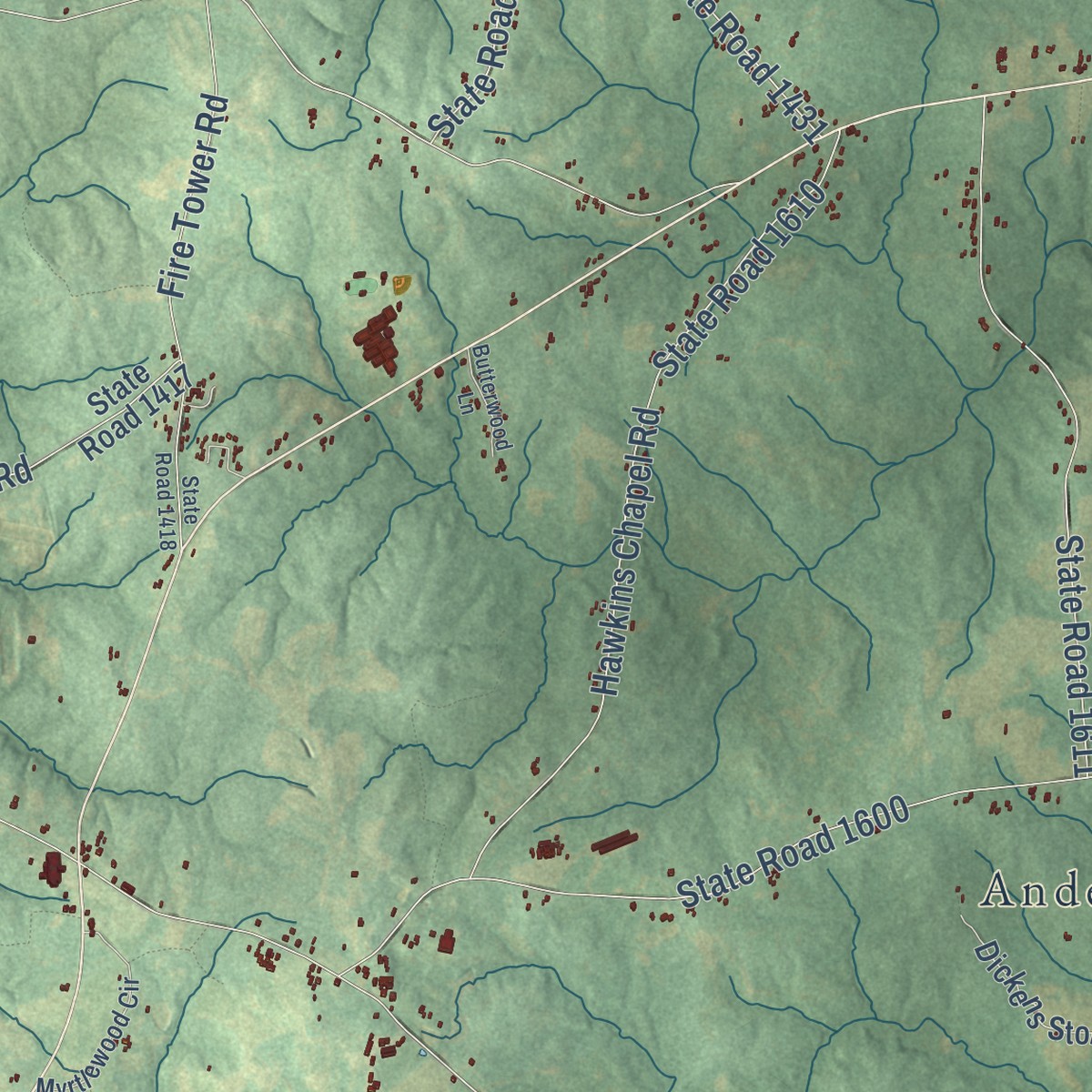 Second close-up of the map of Aurelian Springs, North Carolina print showing more streets and buildings