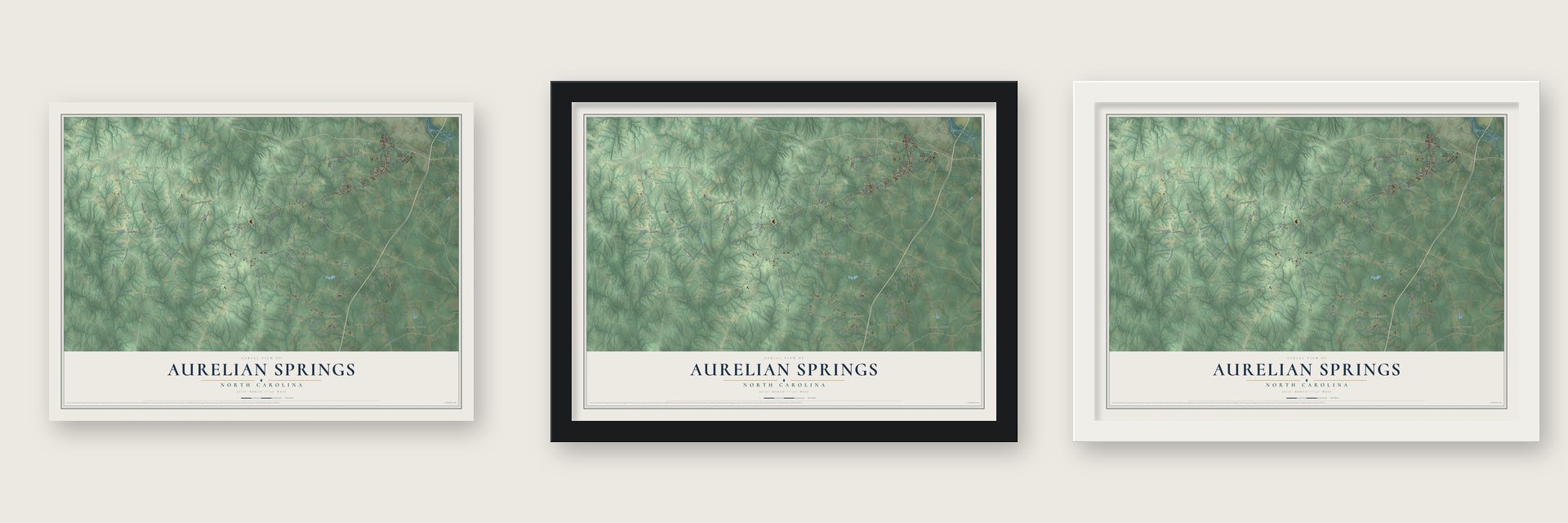 Aurelian Springs, North Carolina map unframed, in a black wood frame and in a white wood frame