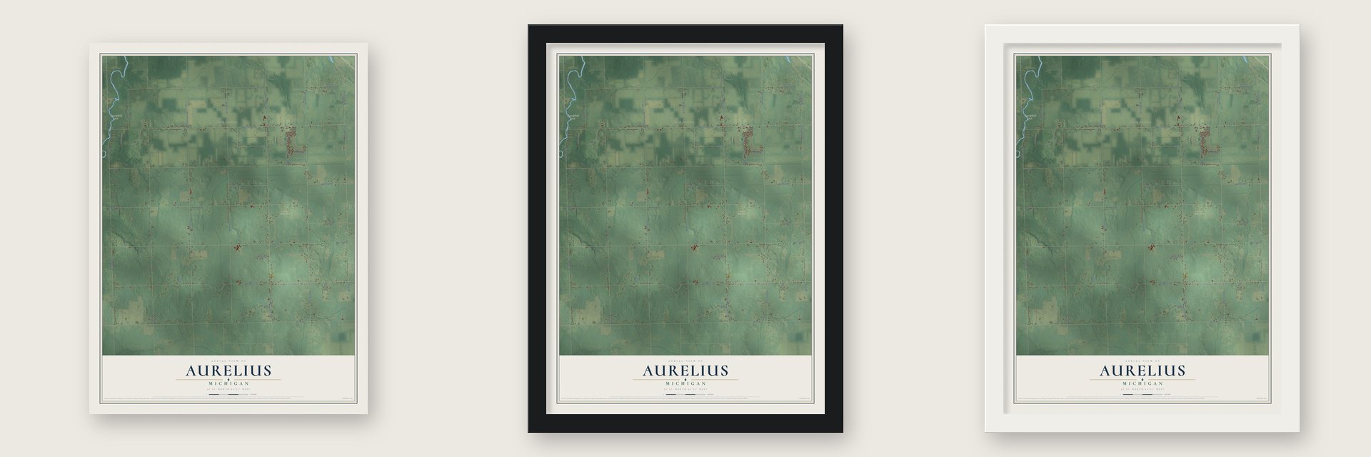 Aurelius, Michigan map unframed, in a black wood frame and in a white wood frame