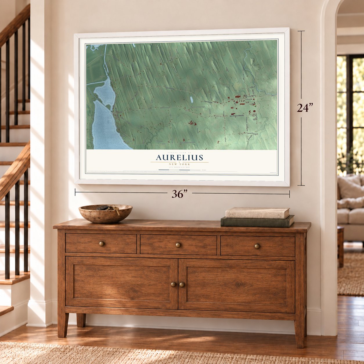 Aurelius, New York map, 24 x 36 inch print in a white frame above a dresser by a staircase