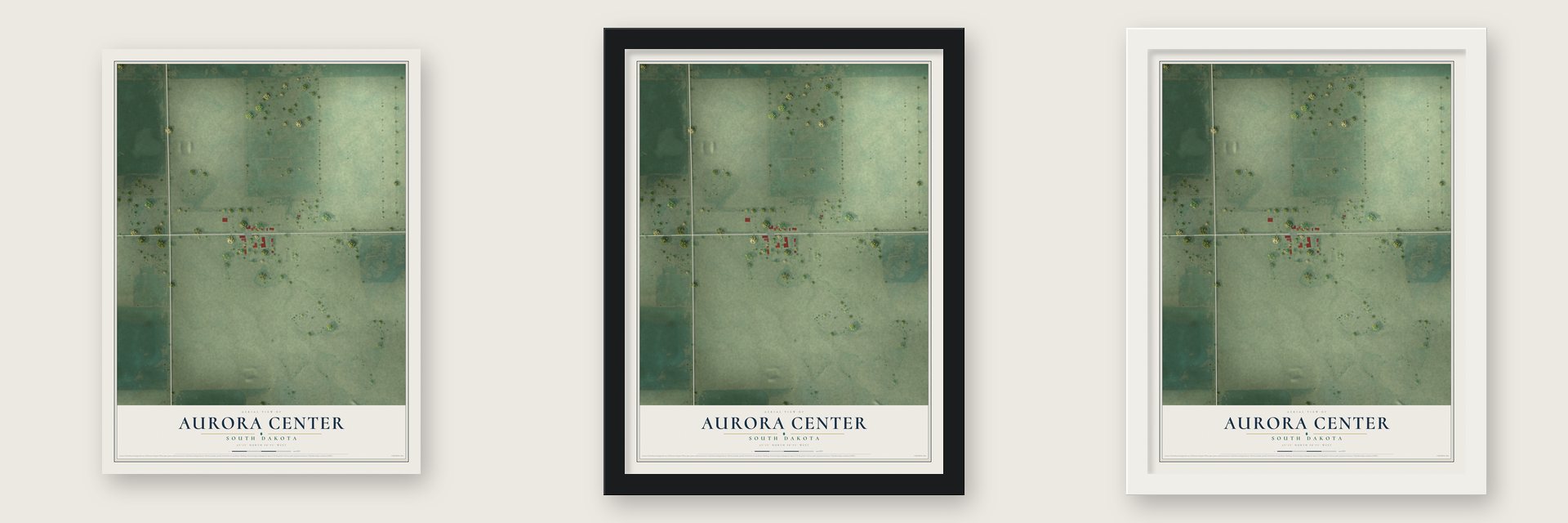 Aurora Center, South Dakota map unframed, in a black wood frame and in a white wood frame