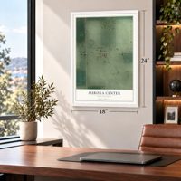 Aurora Center, South Dakota map, 18 x 24 inch print in a white frame in a home office