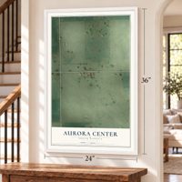 Aurora Center, South Dakota map, 24 x 36 inch print in a white frame by a staircase