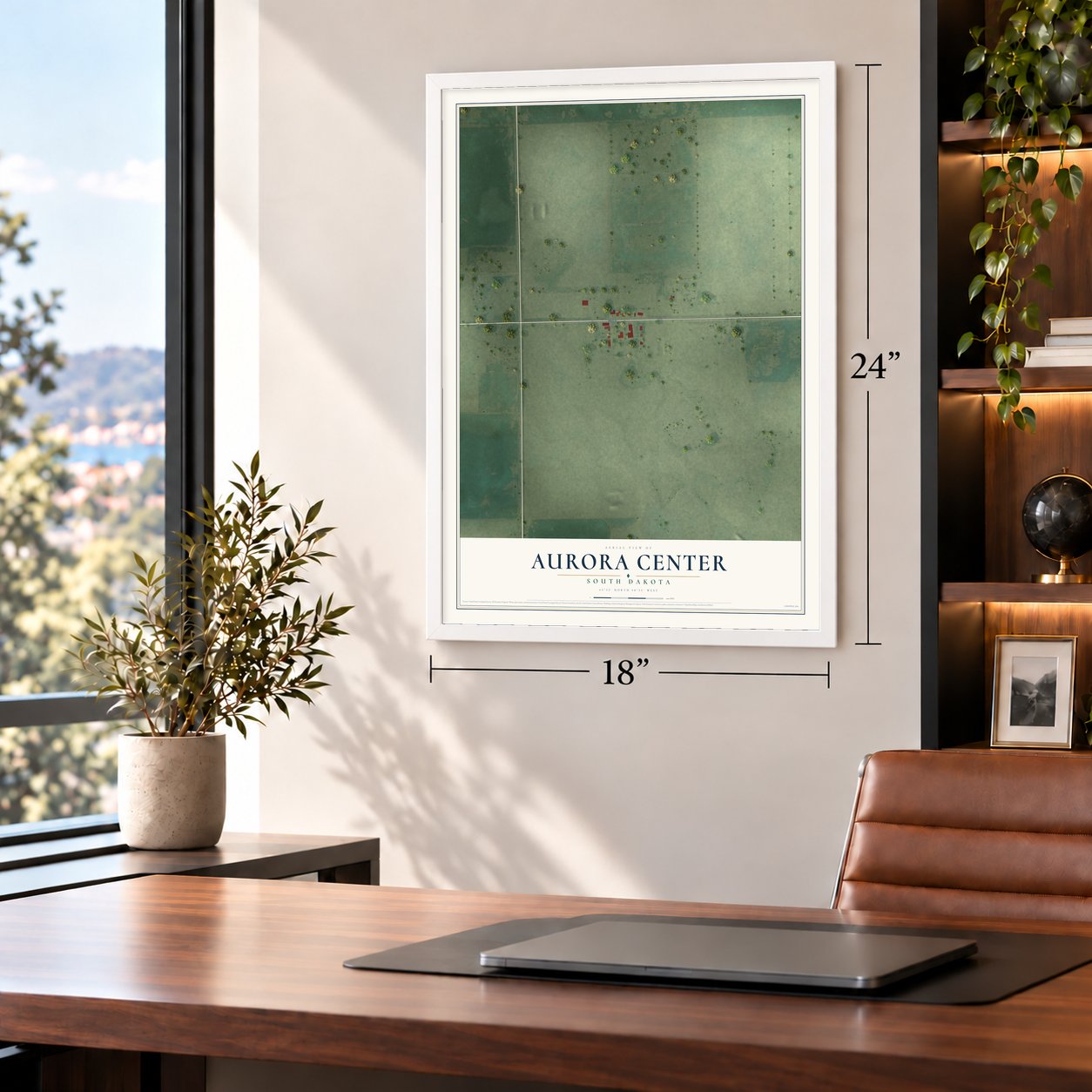 Aurora Center, South Dakota map, 18 x 24 inch print in a white frame in a home office