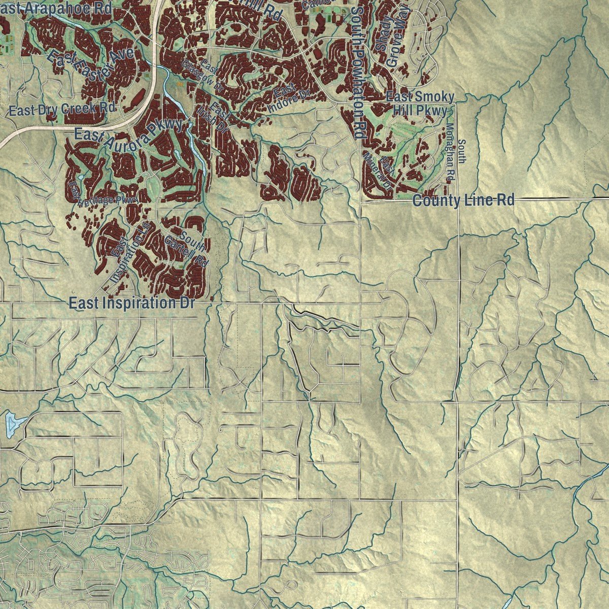 Second close-up of the map of Aurora, Colorado print showing more streets and buildings