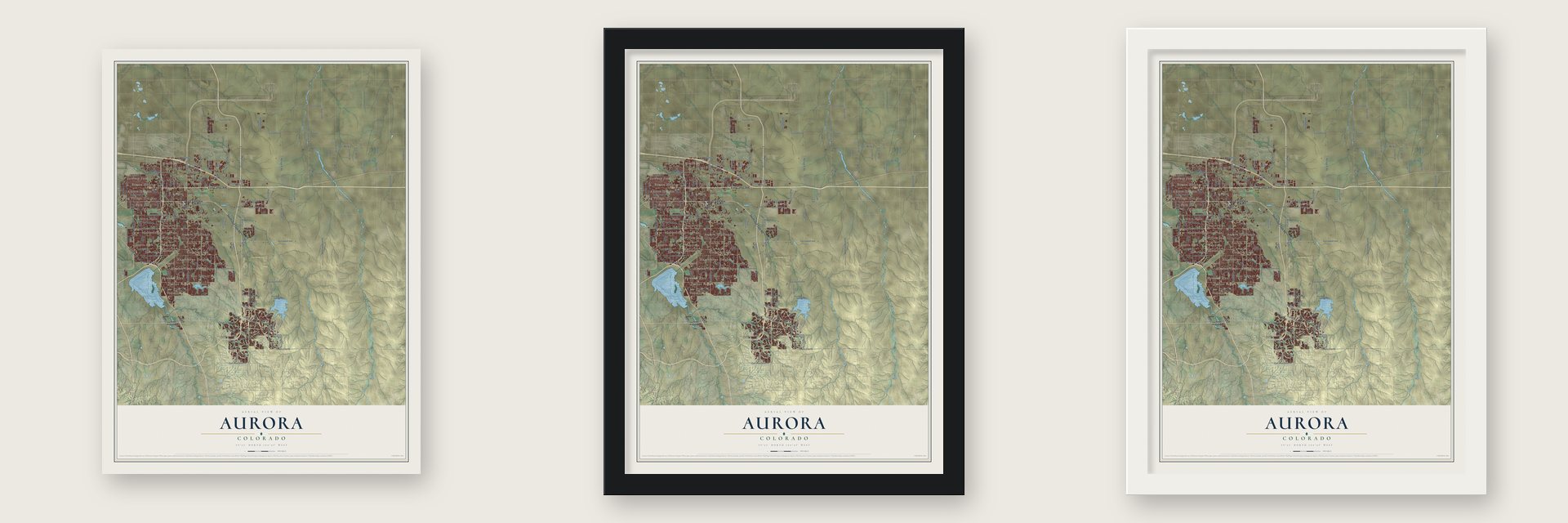 Aurora, Colorado map unframed, in a black wood frame and in a white wood frame