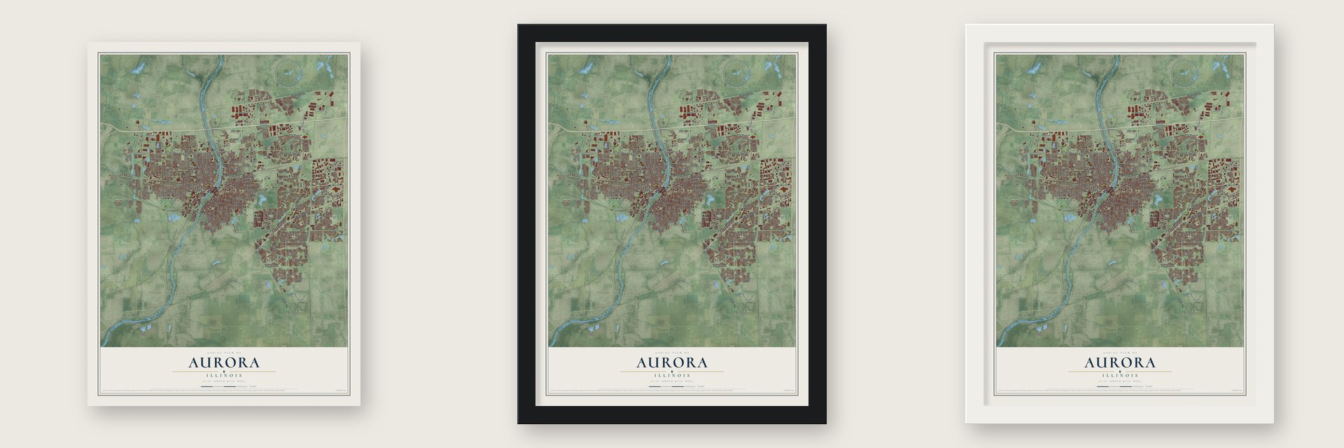 Aurora, Illinois map unframed, in a black wood frame and in a white wood frame
