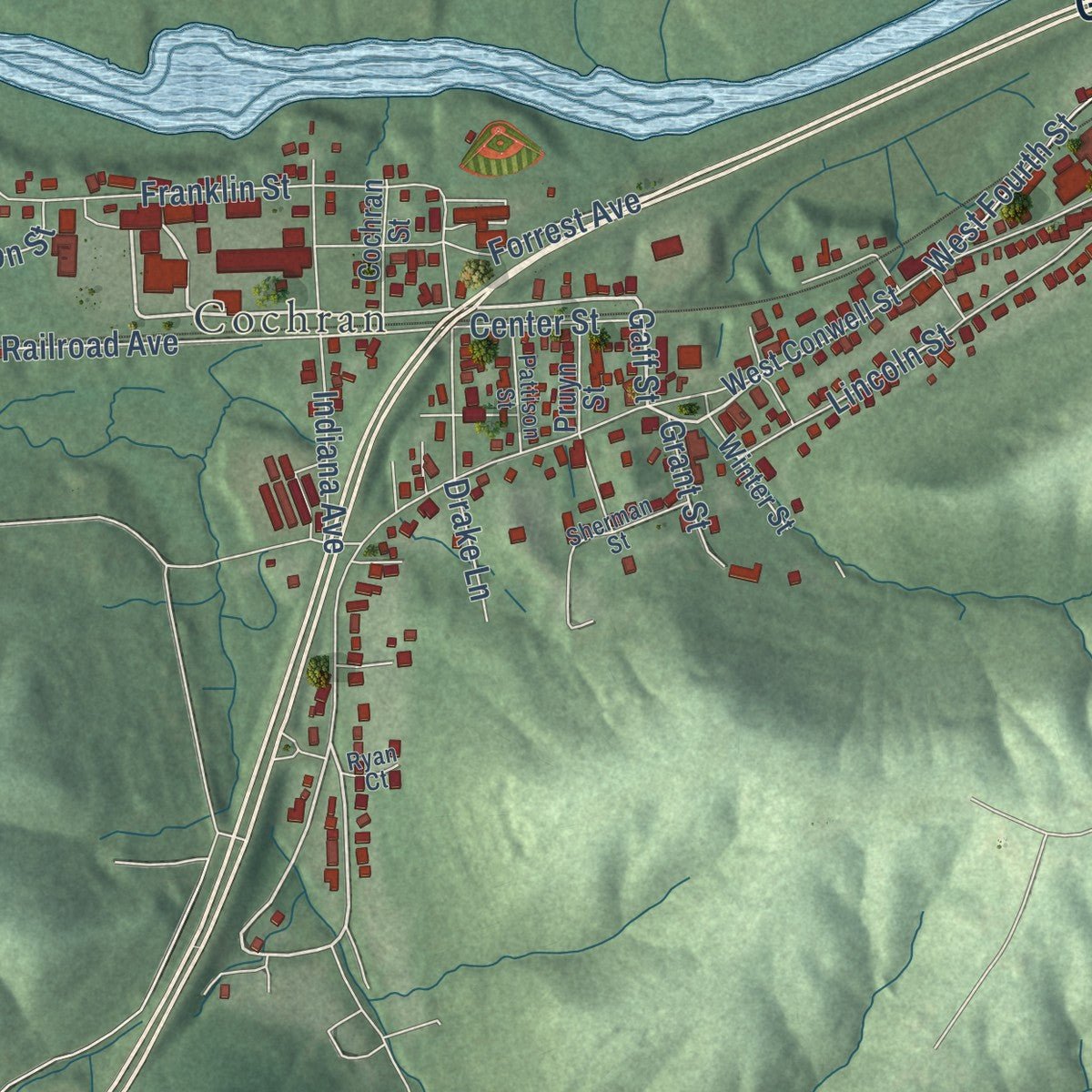 Second close-up of the map of Aurora, Indiana print showing more streets and buildings
