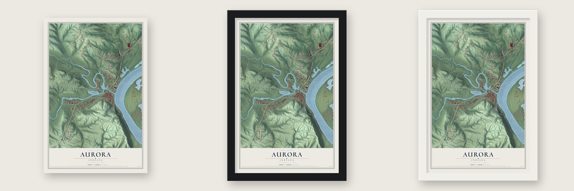 Aurora, Indiana map unframed, in a black wood frame and in a white wood frame