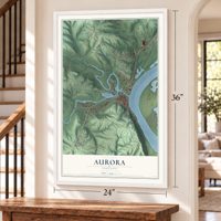 Aurora, Indiana map, 24 x 36 inch print in a white frame by a staircase