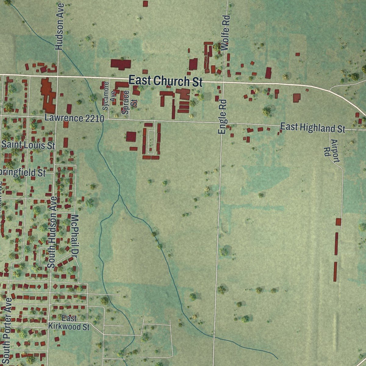 Second close-up of the map of Aurora, Missouri print showing more streets and buildings