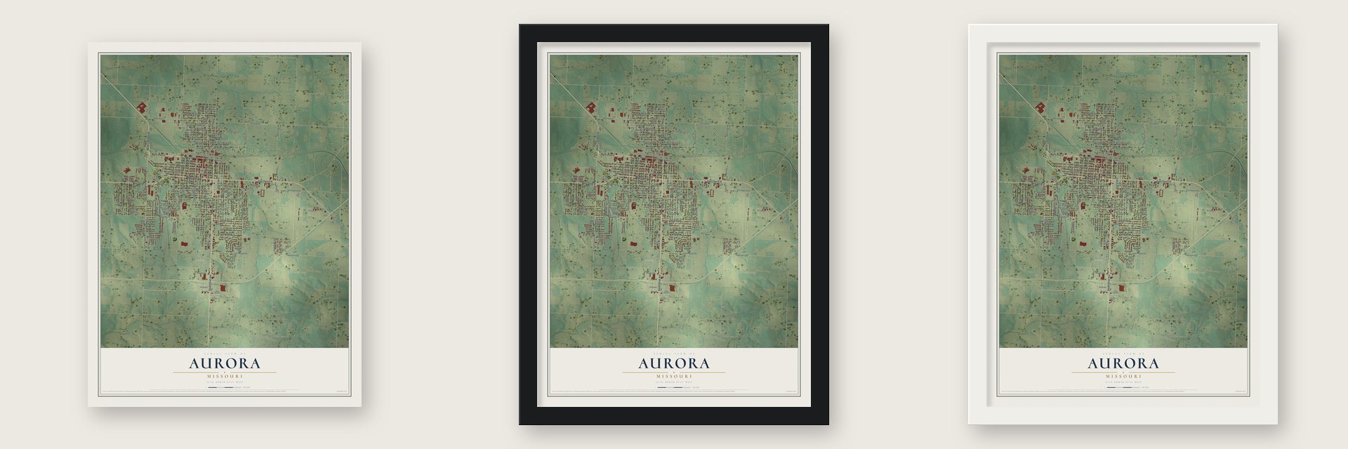 Aurora, Missouri map unframed, in a black wood frame and in a white wood frame