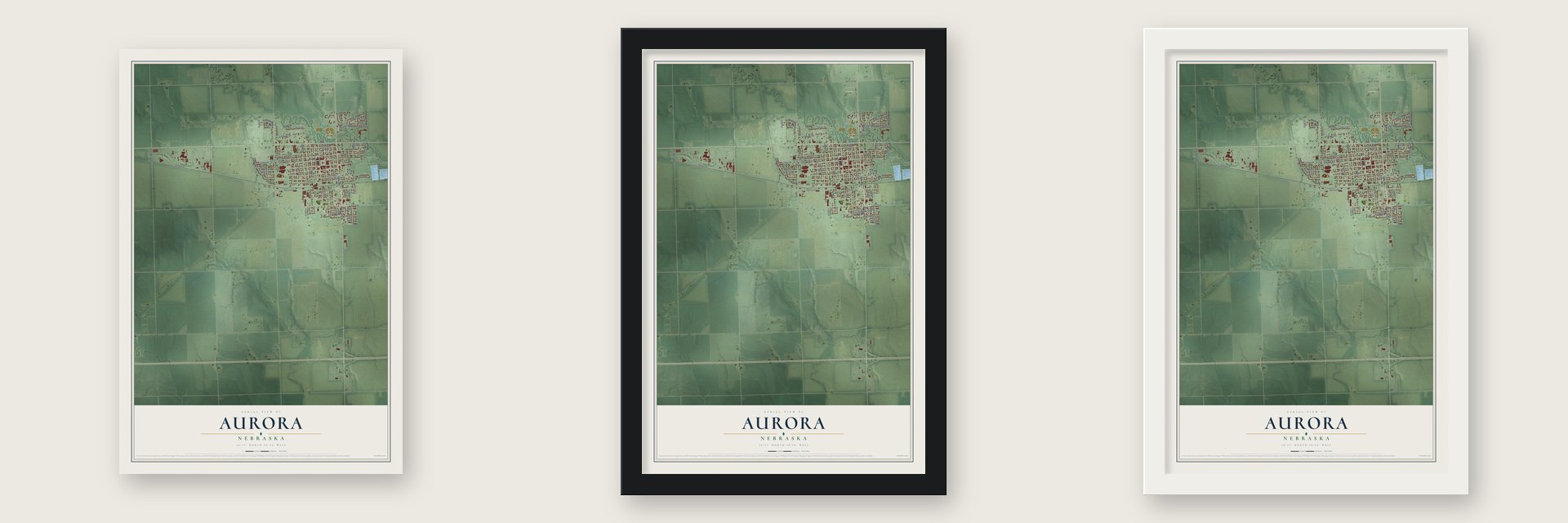 Aurora, Nebraska map unframed, in a black wood frame and in a white wood frame