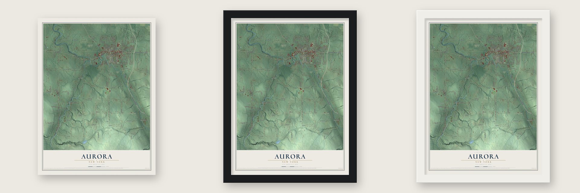 Aurora, New York map unframed, in a black wood frame and in a white wood frame