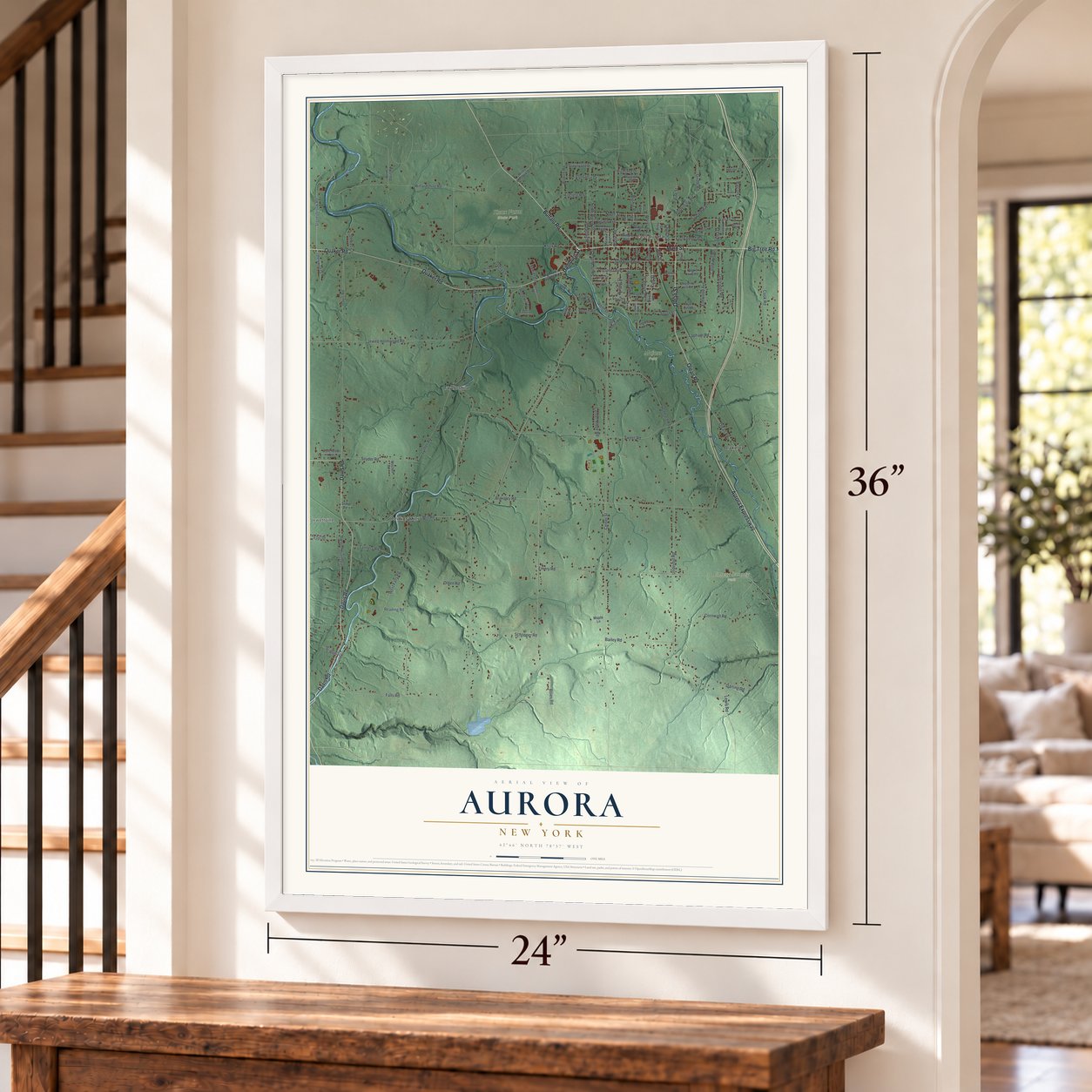 Aurora, New York map, 24 x 36 inch print in a white frame by a staircase