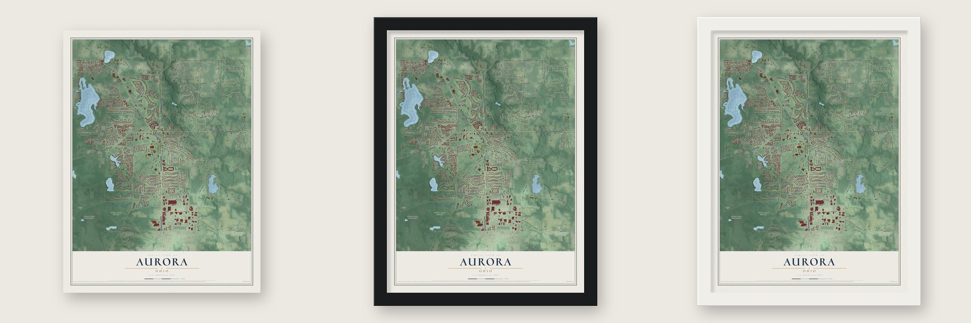 Aurora, Ohio map unframed, in a black wood frame and in a white wood frame