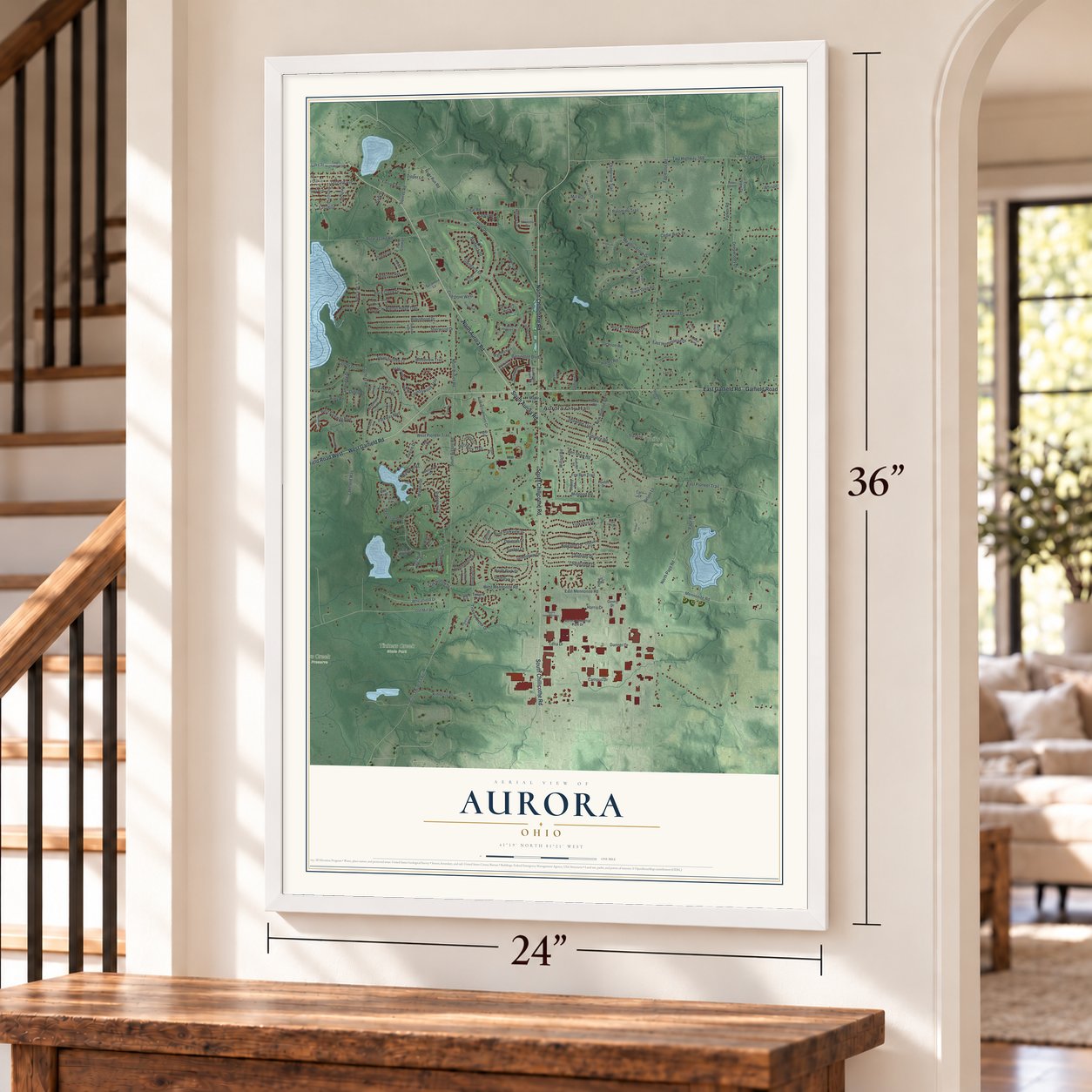 Aurora, Ohio map, 24 x 36 inch print in a white frame by a staircase