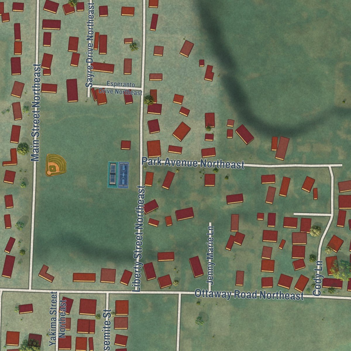 Second close-up of the map of Aurora, Oregon print showing more streets and buildings