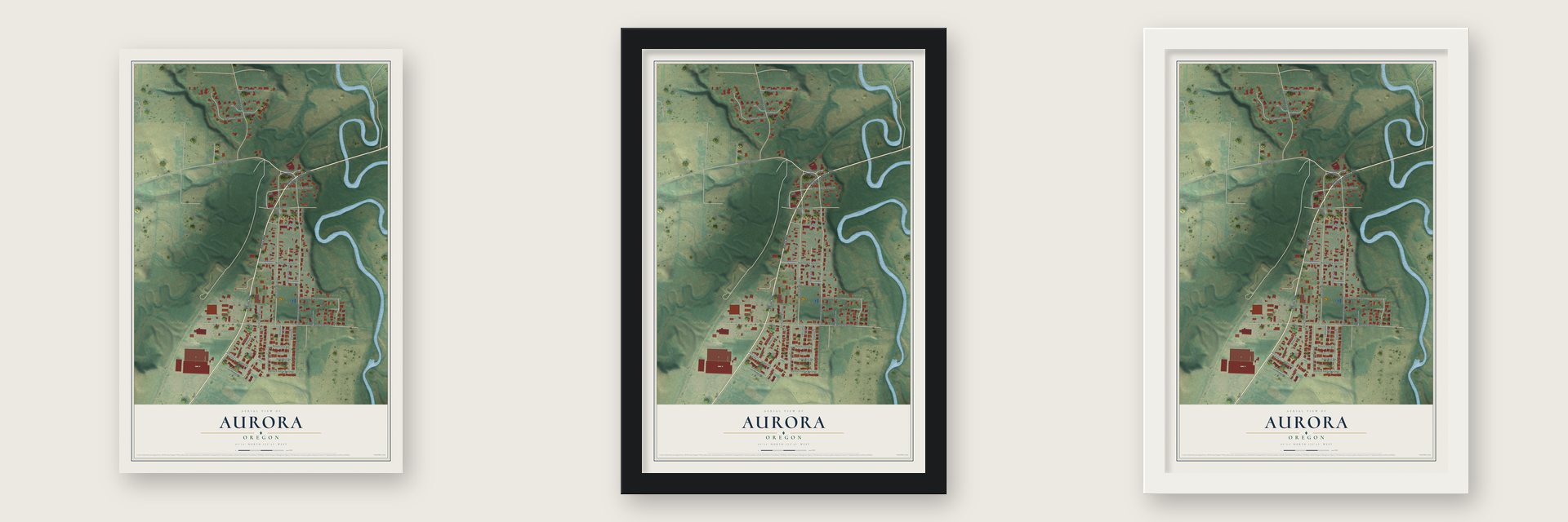 Aurora, Oregon map unframed, in a black wood frame and in a white wood frame
