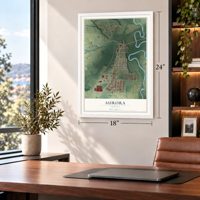Aurora, Oregon map, 18 x 24 inch print in a white frame in a home office