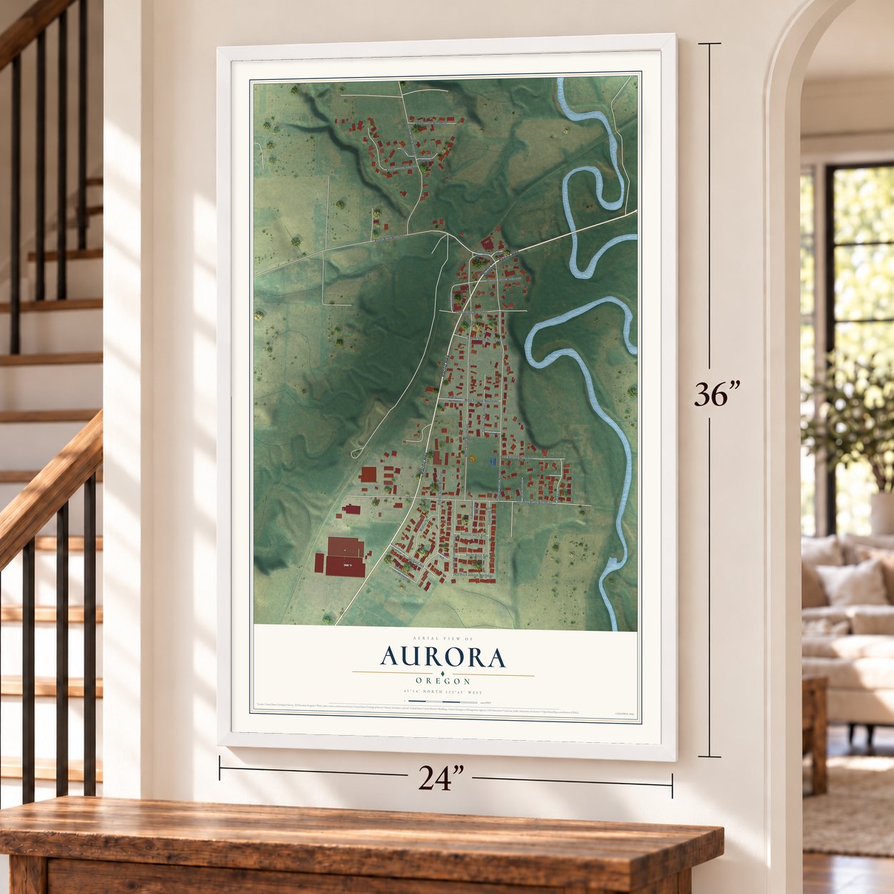 Aurora, Oregon map, 24 x 36 inch print in a white frame by a staircase