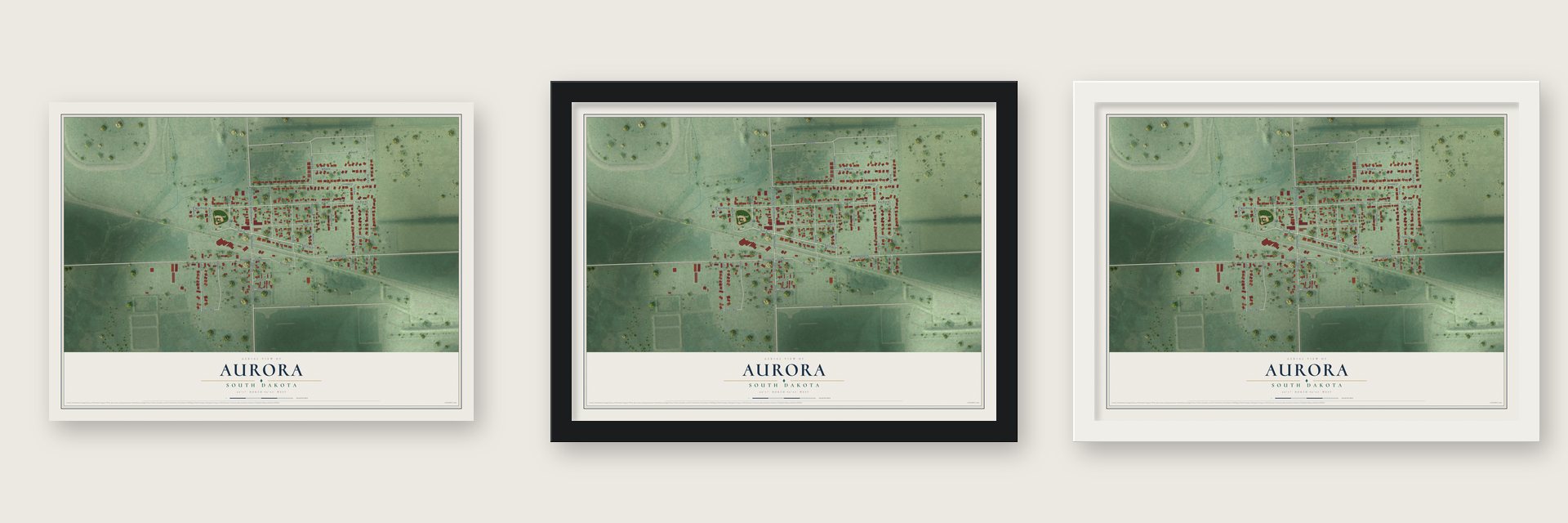 Aurora, South Dakota map unframed, in a black wood frame and in a white wood frame