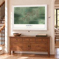 Aurora, South Dakota map, 24 x 36 inch print in a white frame above a dresser by a staircase