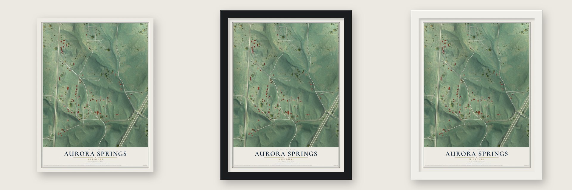 Aurora Springs, Missouri map unframed, in a black wood frame and in a white wood frame
