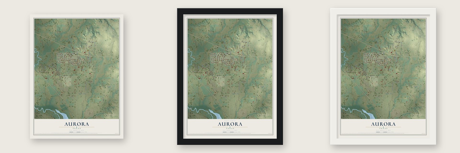 Aurora, Texas map unframed, in a black wood frame and in a white wood frame