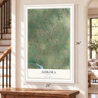 Aurora, Texas map, 24 x 36 inch print in a white frame by a staircase