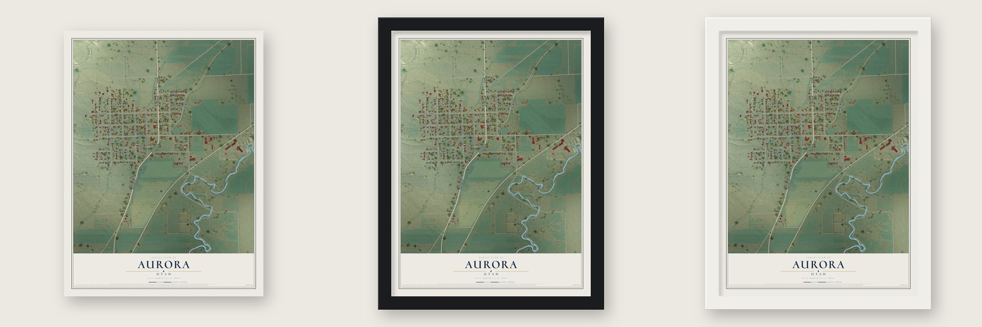 Aurora, Utah map unframed, in a black wood frame and in a white wood frame
