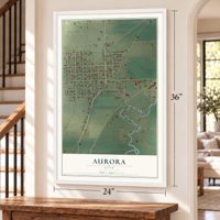 Aurora, Utah map, 24 x 36 inch print in a white frame by a staircase