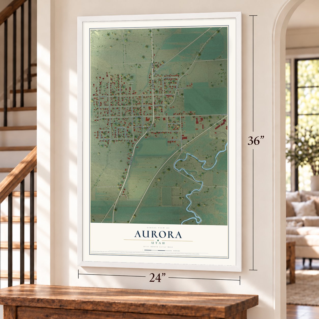 Aurora, Utah map, 24 x 36 inch print in a white frame by a staircase