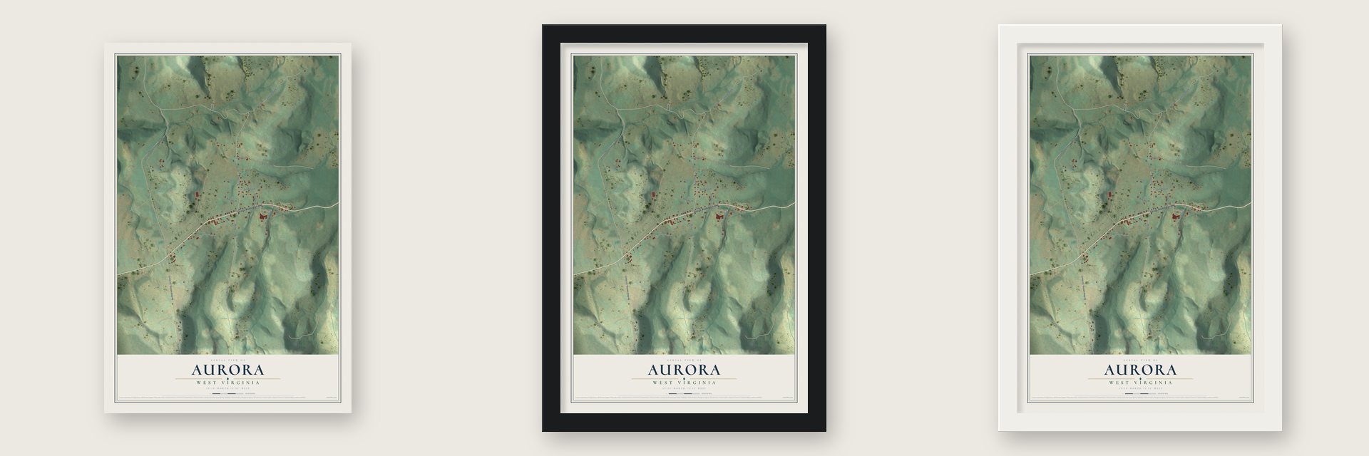 Aurora, West Virginia map unframed, in a black wood frame and in a white wood frame