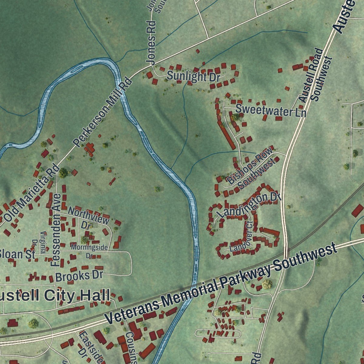 Second close-up of the map of Austell, Georgia print showing more streets and buildings