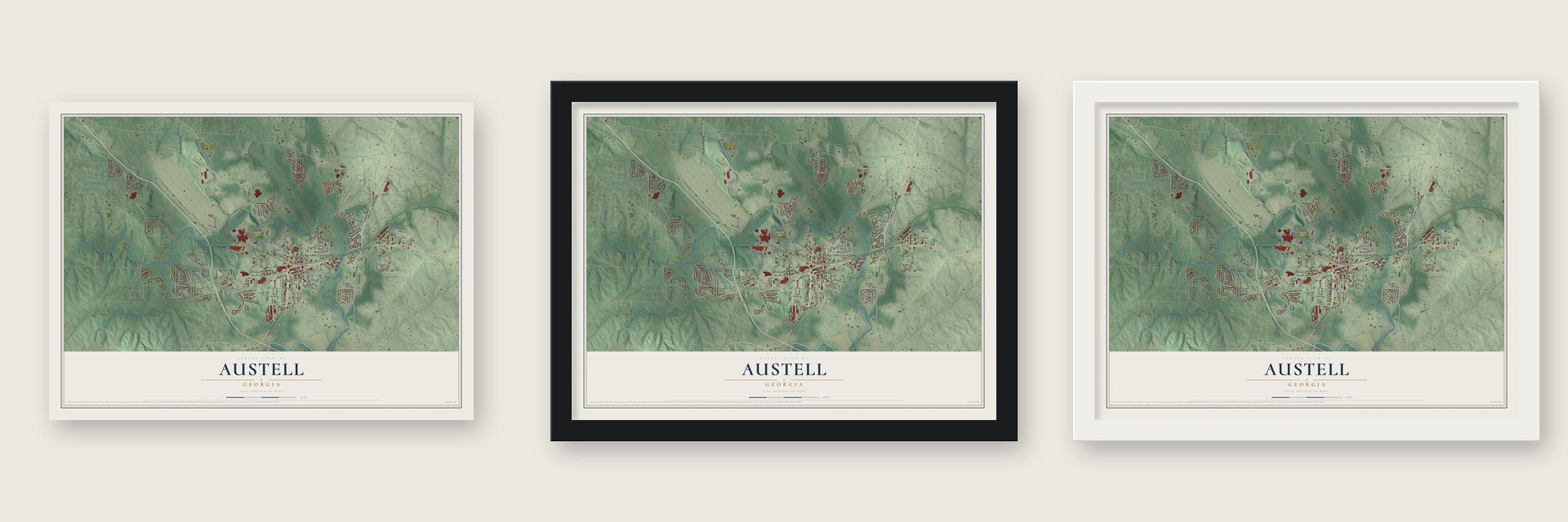 Austell, Georgia map unframed, in a black wood frame and in a white wood frame