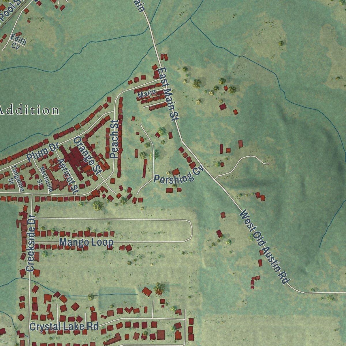Second close-up of the map of Austin, Arkansas print showing more streets and buildings