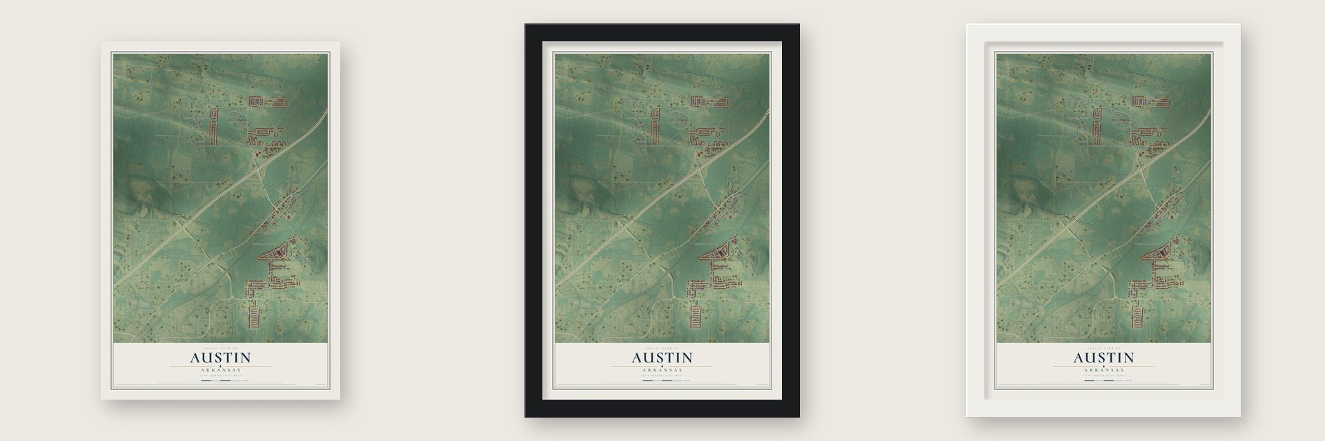 Austin, Arkansas map unframed, in a black wood frame and in a white wood frame