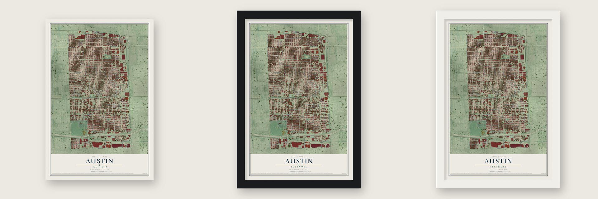 Austin, Illinois map unframed, in a black wood frame and in a white wood frame