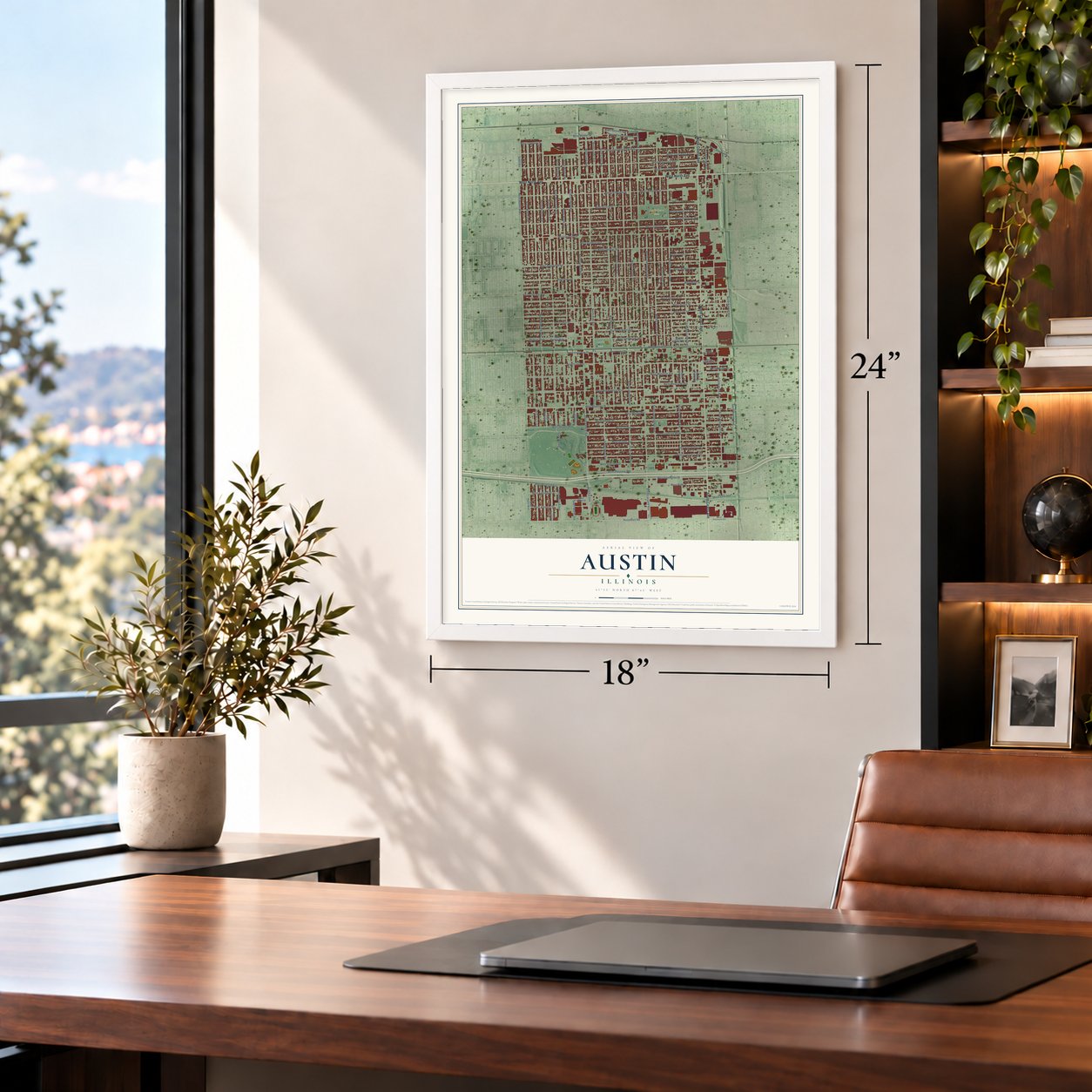 Austin, Illinois map, 18 x 24 inch print in a white frame in a home office