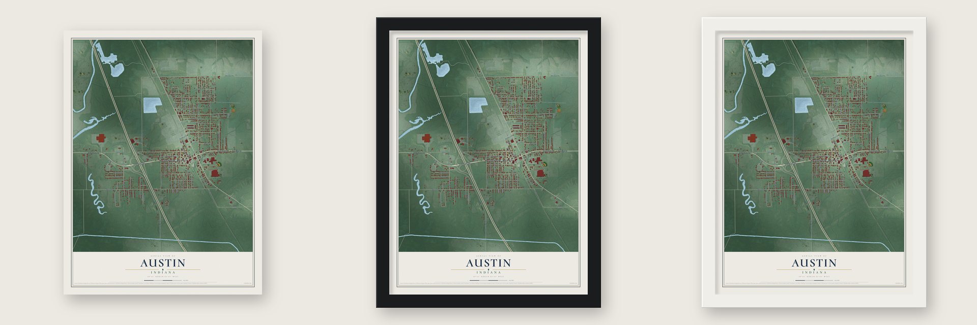 Austin, Indiana map unframed, in a black wood frame and in a white wood frame